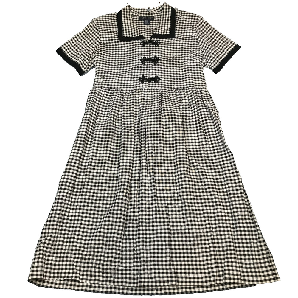 VTG JG Hook Women's 14 Dress Gingham Black White Peter Pan Collar Knot Flaw F14